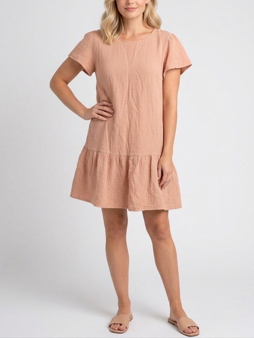 Cotton Peach Short Sleeve Tiered Dress
